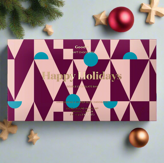Goodio double chocolate bar and 'Happy Holidays' text