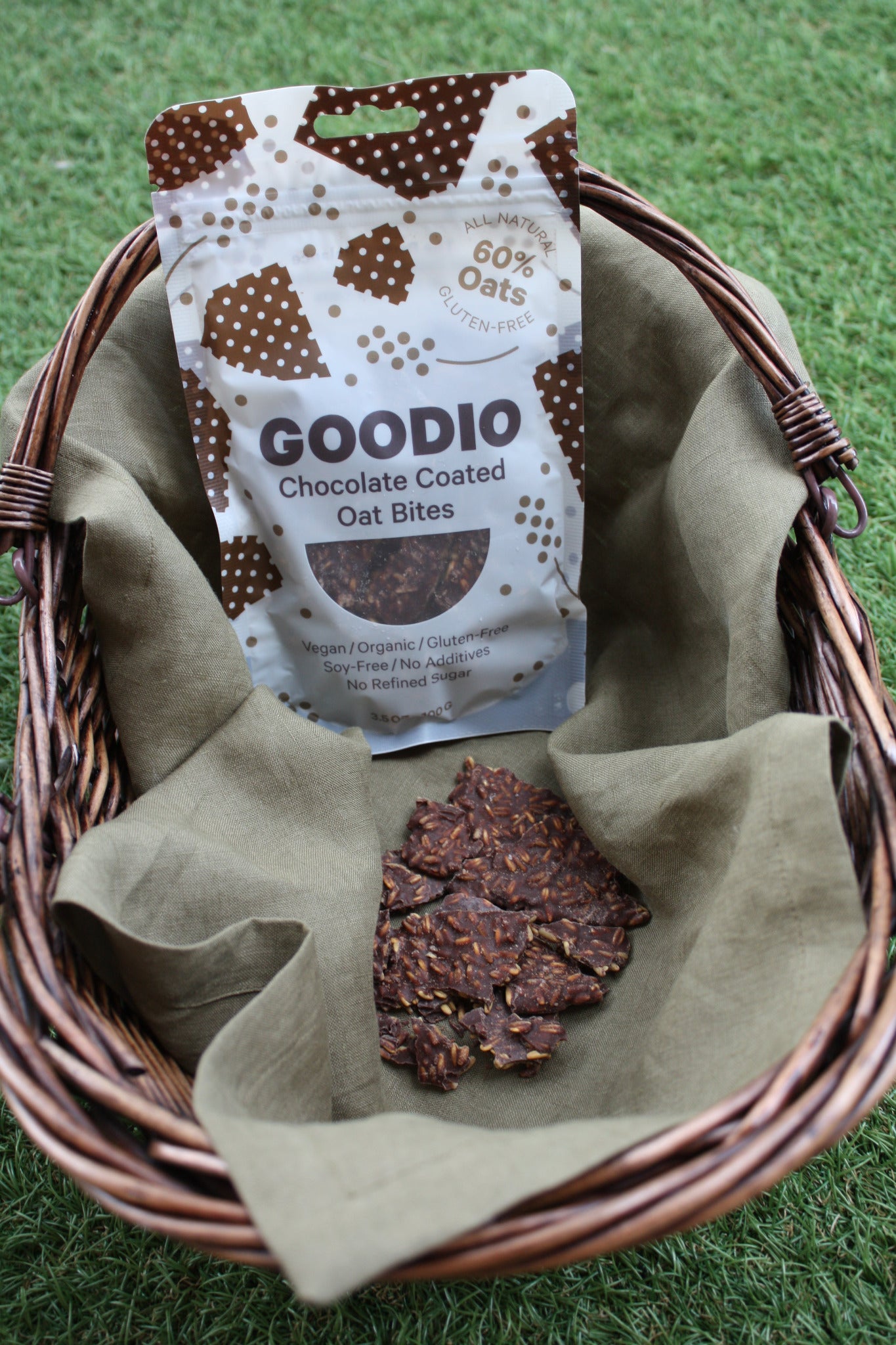 Goodio vegan chocolate coated oat bites snack