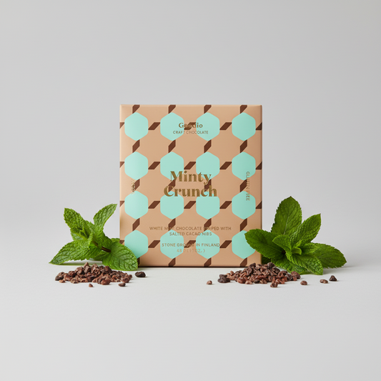 A square package of Goodio 'Minty Crunch' flavored craft chocolate  featuring a tan background with mint green hexagonal patterns and gold lettering.