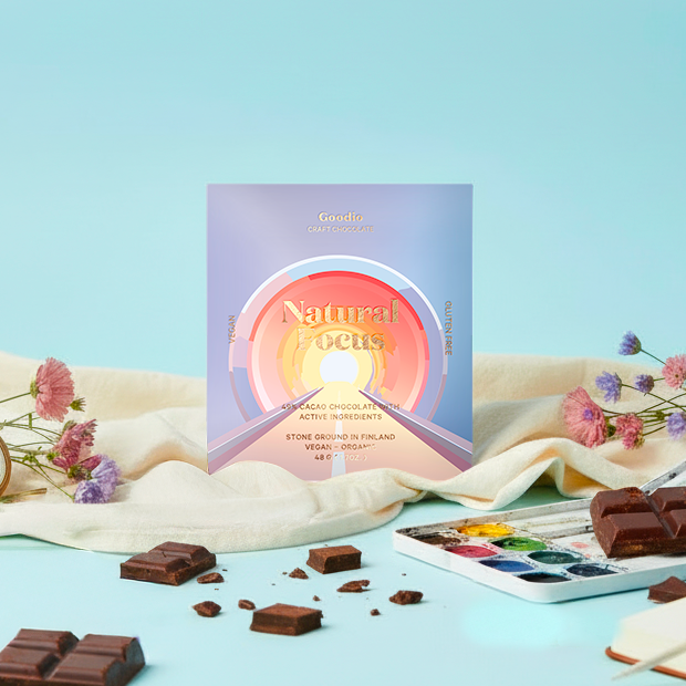 Goodio Natural Focus chocolate on a light blue background