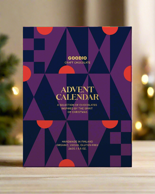 A purple-colored Goodio advent calendar with vegan organic chocolate flavors