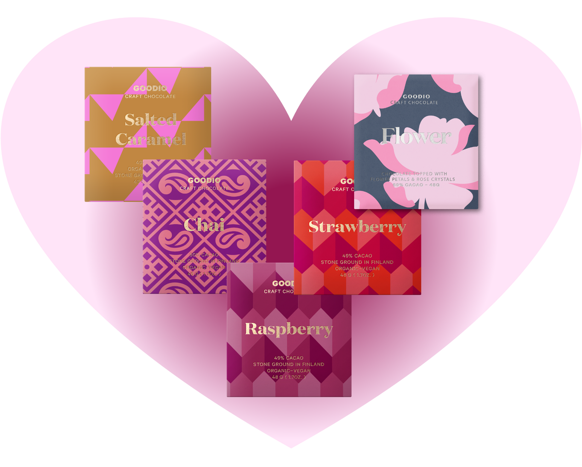 Pink Bundle a collection of Goodio love inspired flavors: Salted Caramel, Chai, Raspberry, Strawberry & Flower vegan chocolates