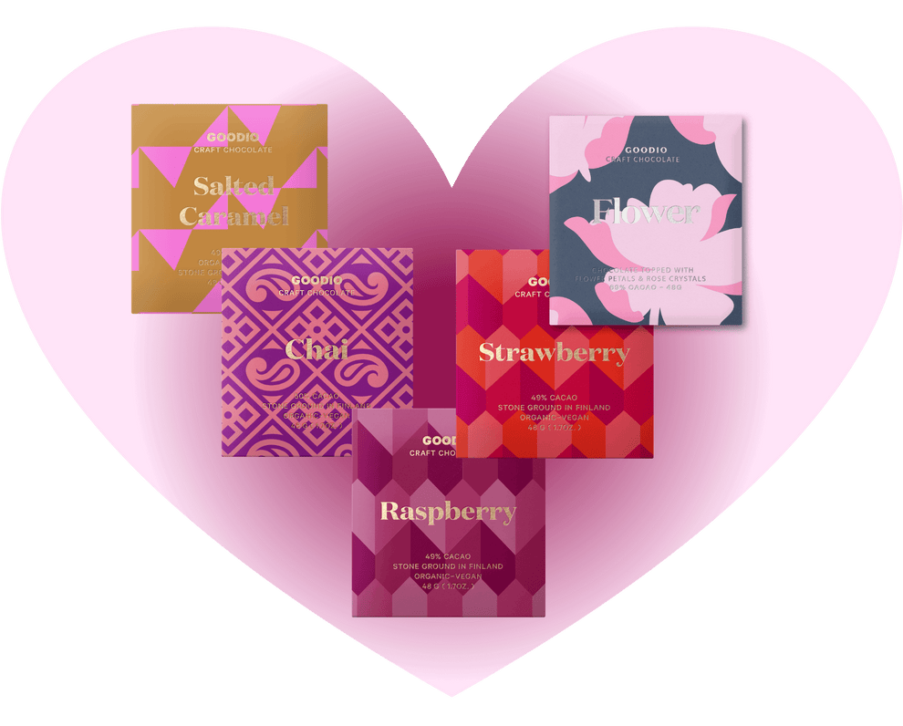 Pink Bundle a collection of Goodio love inspired flavors: Salted Caramel, Chai, Raspberry, Strawberry & Flower vegan chocolates